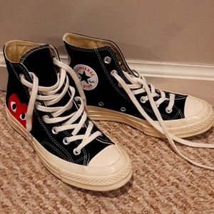 High Top Strange Love Black Converse, Size 7 in women's, Size 5 in men's.